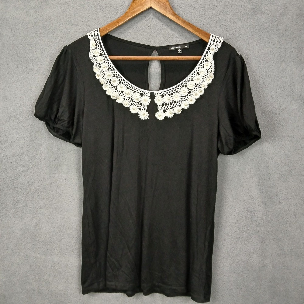Le Rouge Top Women Medium Black White Lace Floral Pearl Trim Puff Sleeve Stretch